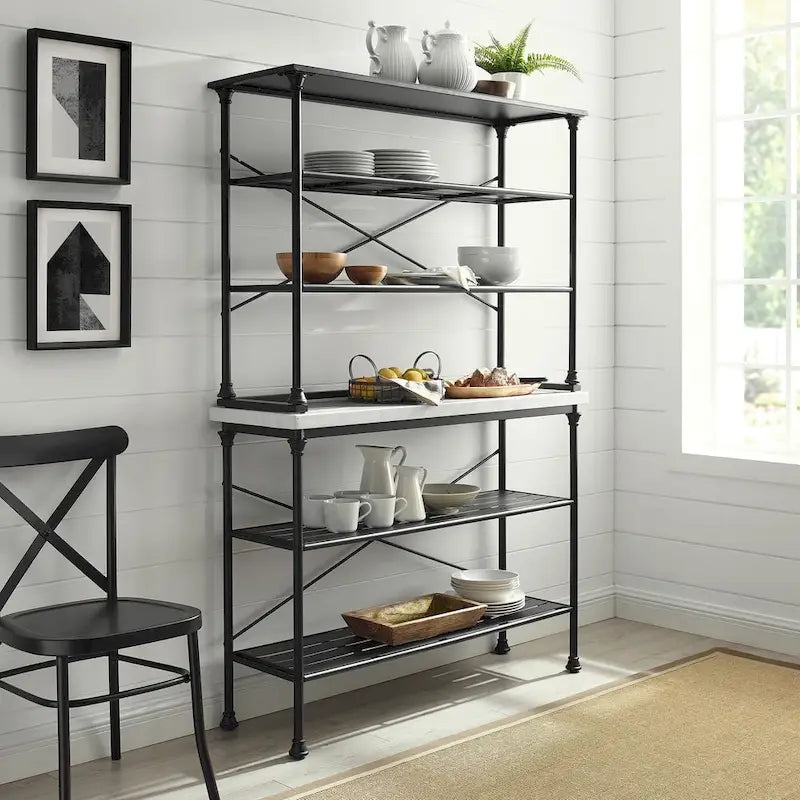 French Industrial Baker's Rack with Faux Marble Top & 6 Open Shelves, Black & White