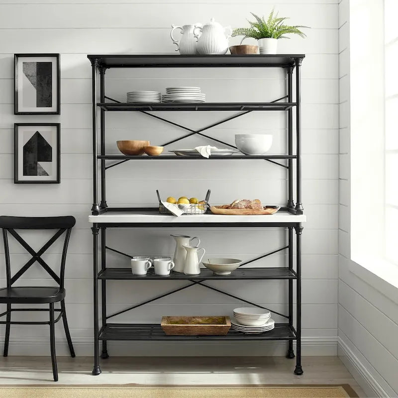 French Industrial Baker's Rack with Faux Marble Top & 6 Open Shelves, Black & White
