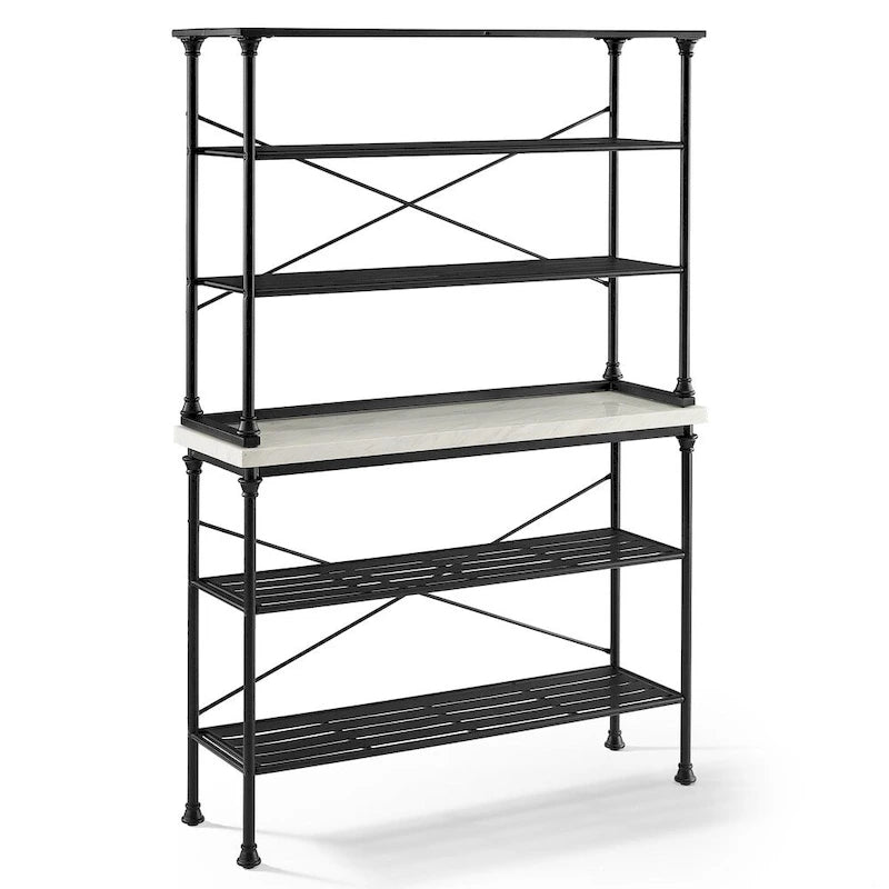 French Industrial Baker's Rack with Faux Marble Top & 6 Open Shelves, Black & White