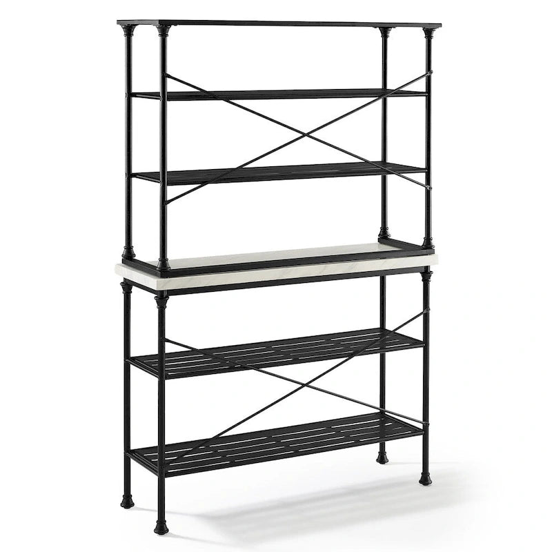 French Industrial Baker's Rack with Faux Marble Top & 6 Open Shelves, Black & White
