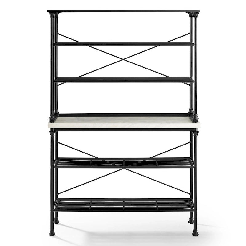 French Industrial Baker's Rack with Faux Marble Top & 6 Open Shelves, Black & White