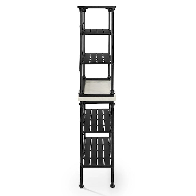 French Industrial Baker's Rack with Faux Marble Top & 6 Open Shelves, Black & White