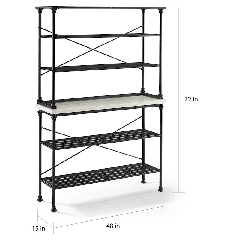French Industrial Baker's Rack with Faux Marble Top & 6 Open Shelves, Black & White