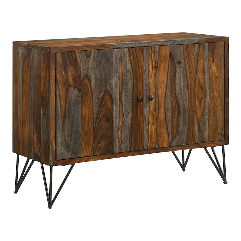 Sheesham Grey 2-Door Accent Cabinet with Adjustable Shelf & Hairpin Legs