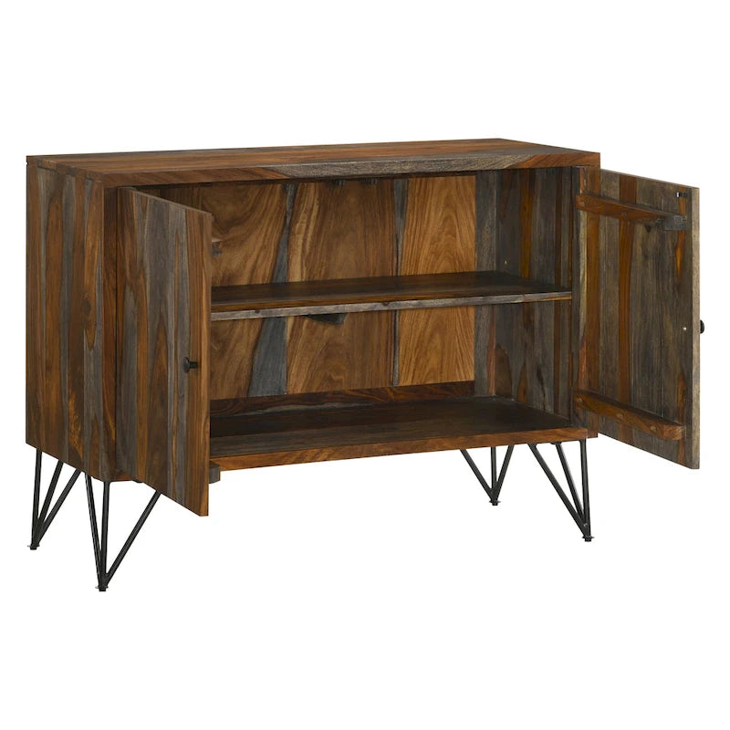 Sheesham Grey 2-Door Accent Cabinet with Adjustable Shelf & Hairpin Legs