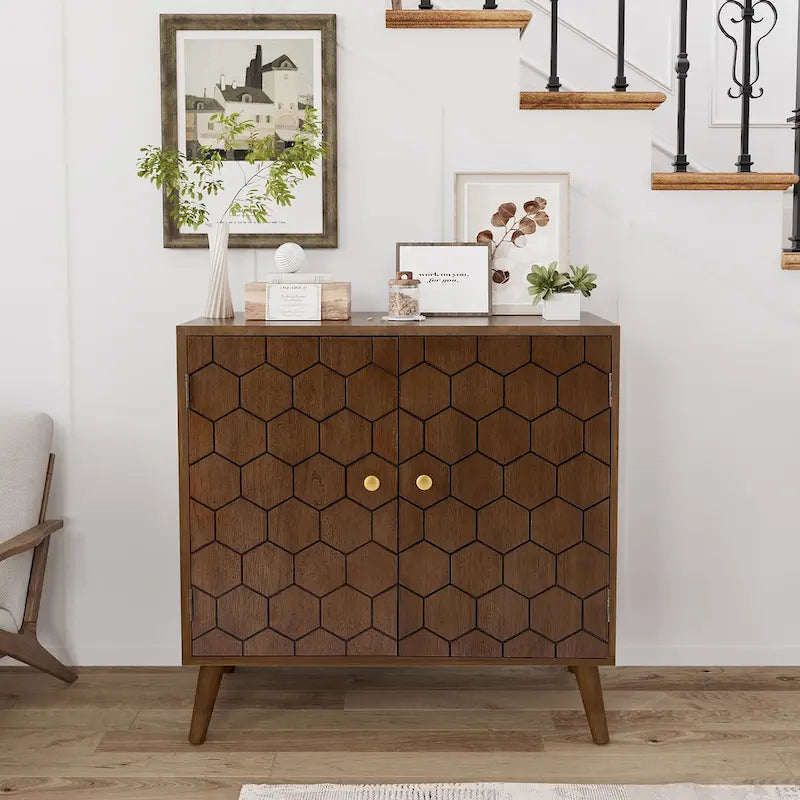 Dark Brown Farmhouse Storage Cabinet with Honeycomb Carved Door, MDF, 32x14x31.5"