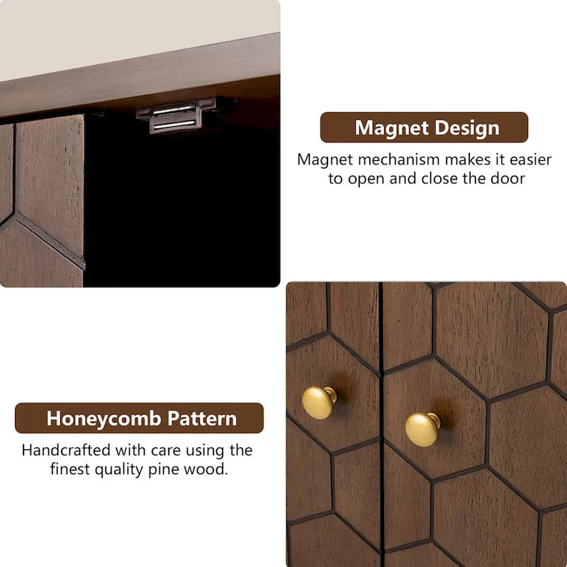 Dark Brown Farmhouse Storage Cabinet with Honeycomb Carved Door, MDF, 32x14x31.5"