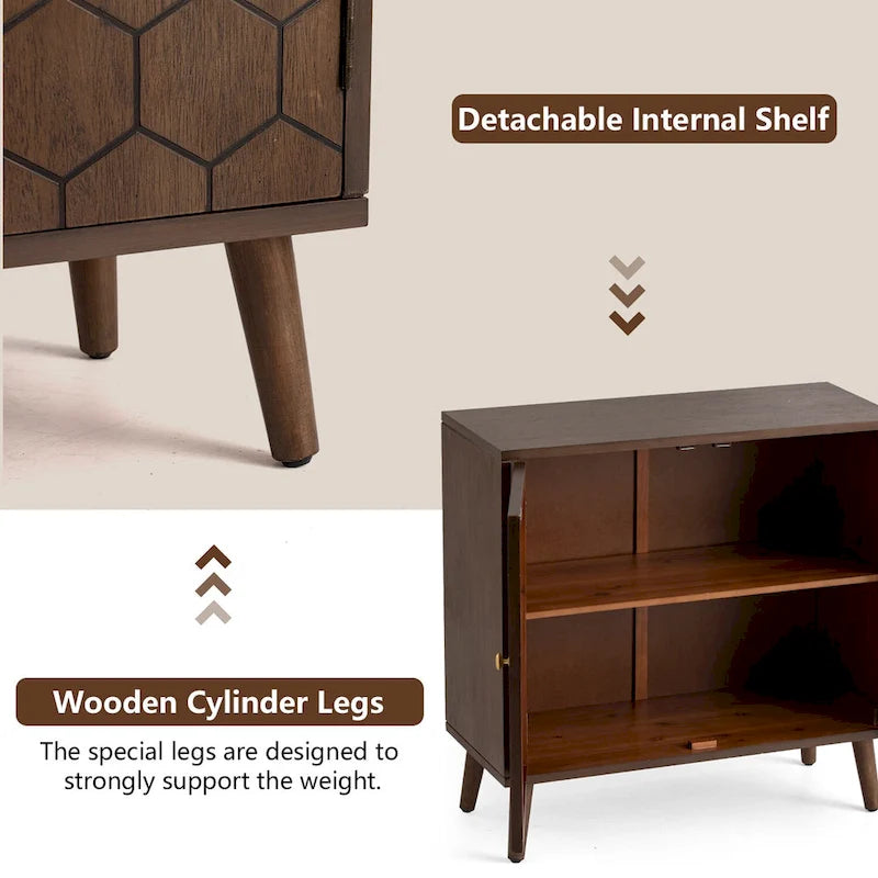 Dark Brown Farmhouse Storage Cabinet with Honeycomb Carved Door, MDF, 32x14x31.5"