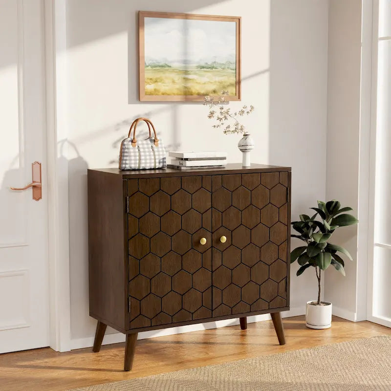 Dark Brown Farmhouse Storage Cabinet with Honeycomb Carved Door, MDF, 32x14x31.5"