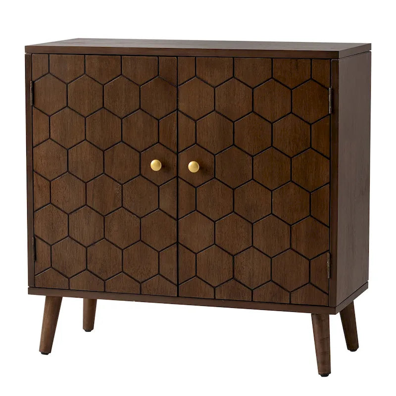 Dark Brown Farmhouse Storage Cabinet with Honeycomb Carved Door, MDF, 32x14x31.5"