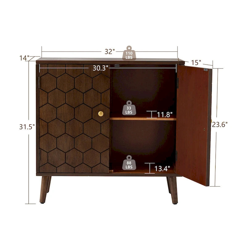 Dark Brown Farmhouse Storage Cabinet with Honeycomb Carved Door, MDF, 32x14x31.5"
