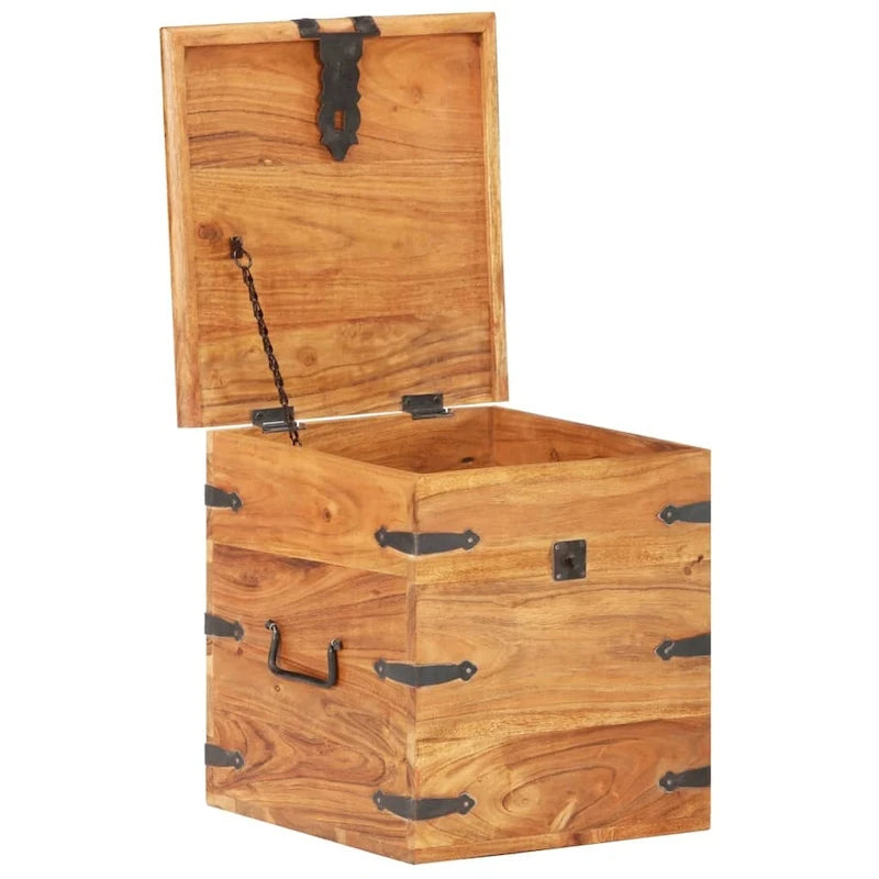 Solid Acacia Wood Storage Chest with Latch & Side Handles, 15.7x15.7x15.7"