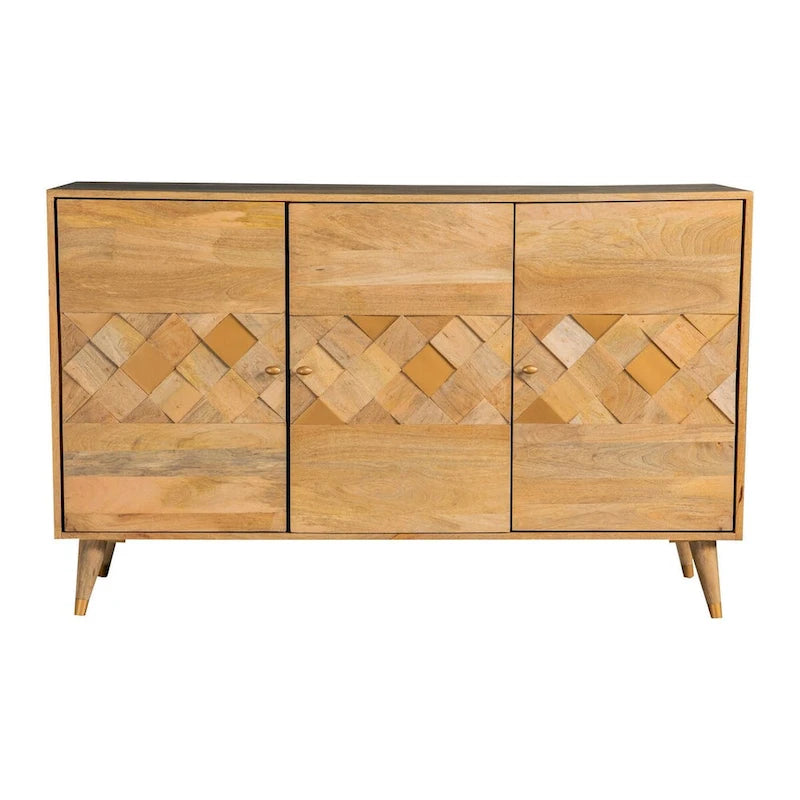 56" 3-Door Sideboard Cabinet Console in Geometric Natural Brown Mango Wood
