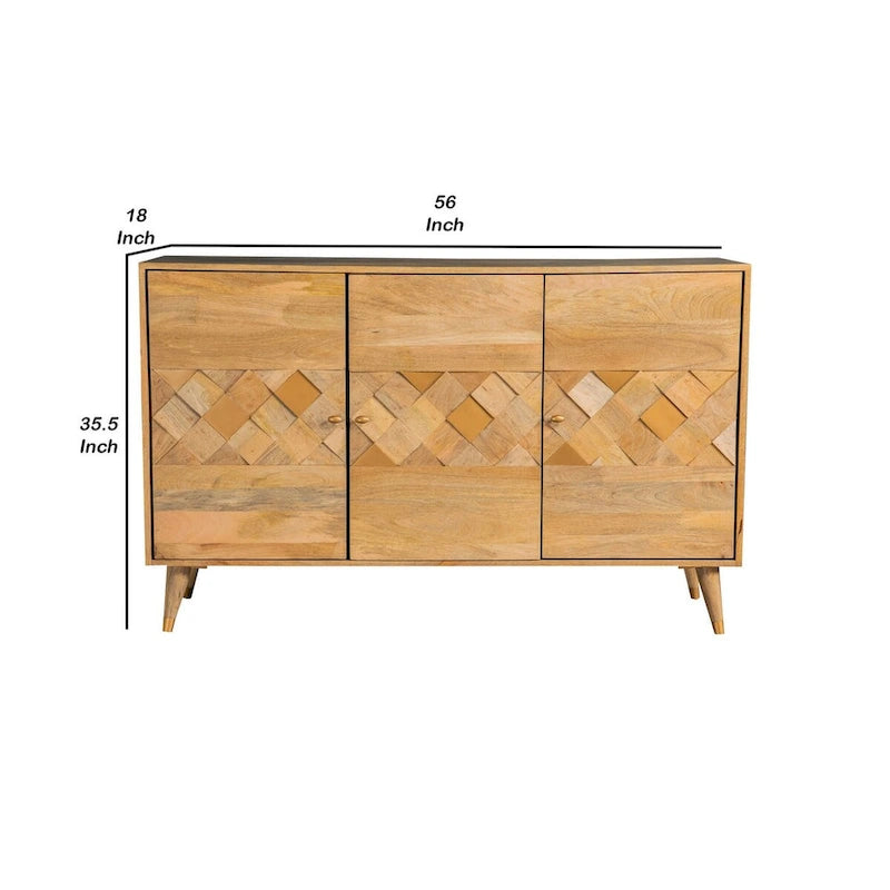 56" 3-Door Sideboard Cabinet Console in Geometric Natural Brown Mango Wood