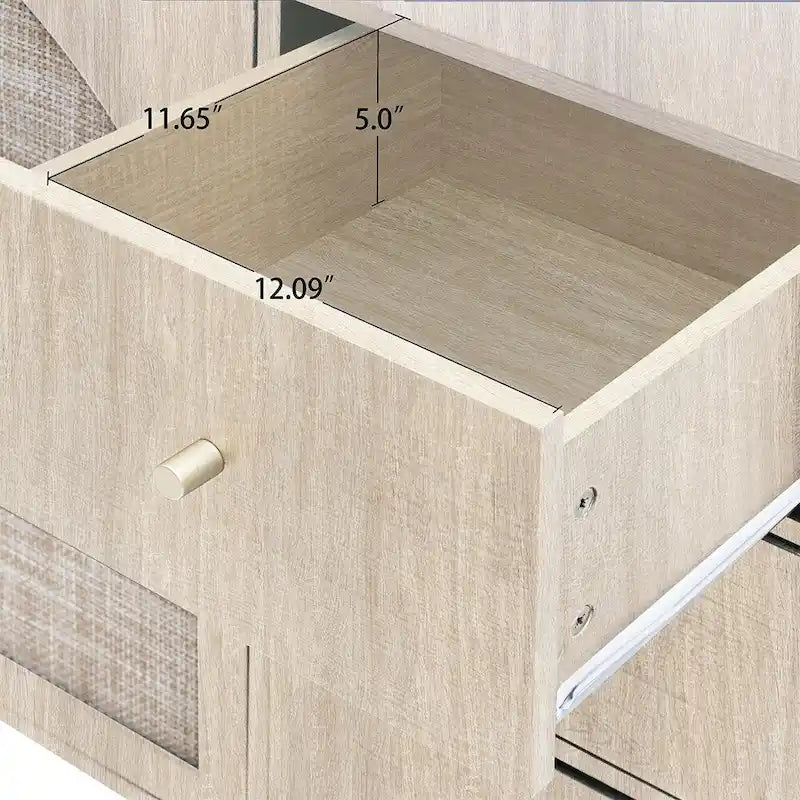 Rattan Cabinet, Sideboard Buffet Cabinet with 2 Doors and 3 Drawers - 44.49Lx15.75Wx31.5H