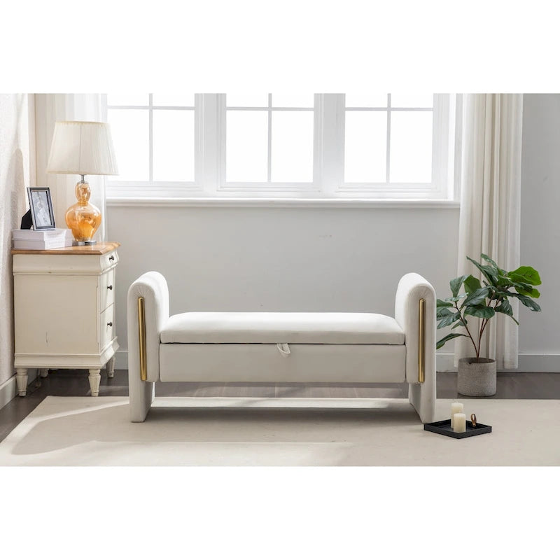 Velvet Fabric Storage Bench Bedroom Bench With Gold Metal Trim Strip For Living Room Bedroom Indoor