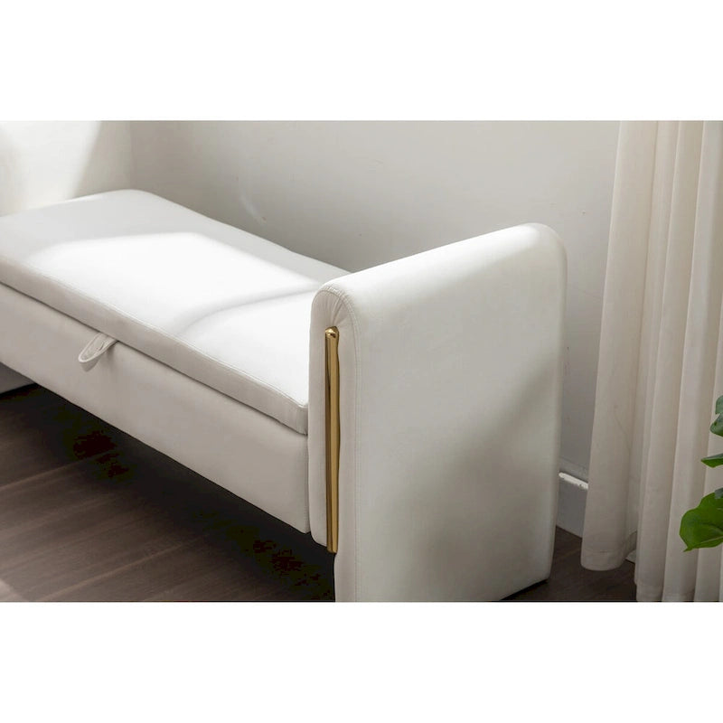 Velvet Fabric Storage Bench Bedroom Bench With Gold Metal Trim Strip For Living Room Bedroom Indoor