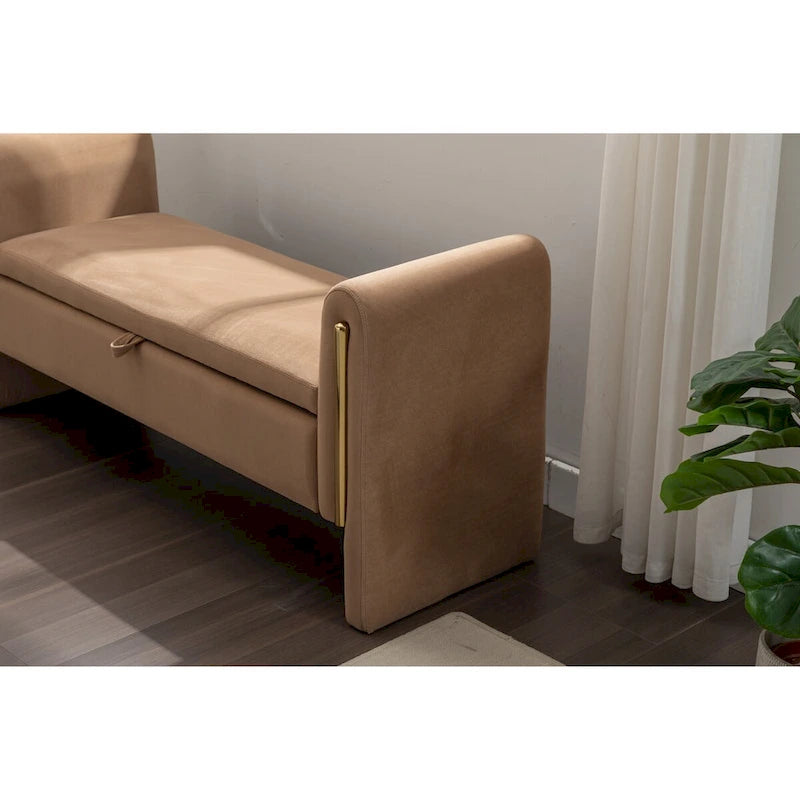 Velvet Fabric Storage Bench Bedroom Bench With Gold Metal Trim Strip For Living Room Bedroom Indoor