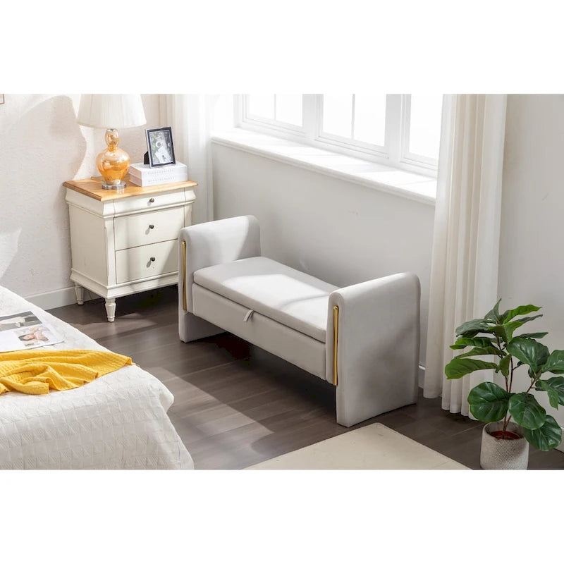 Velvet Fabric Storage Bench Bedroom Bench With Gold Metal Trim Strip For Living Room Bedroom Indoor