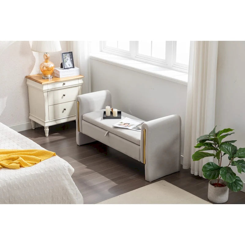 Velvet Fabric Storage Bench Bedroom Bench With Gold Metal Trim Strip For Living Room Bedroom Indoor