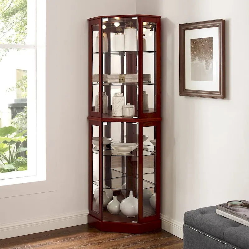 6 Shelf Corner Curio Display Cabinet with Lights, Mirrors and Adjustable Shelves