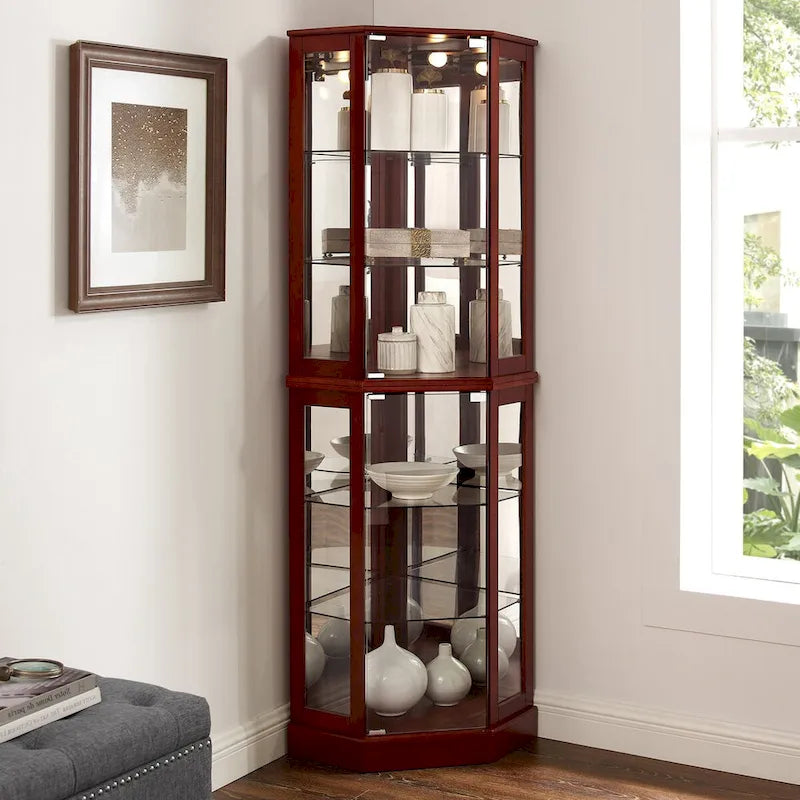 6 Shelf Corner Curio Display Cabinet with Lights, Mirrors and Adjustable Shelves