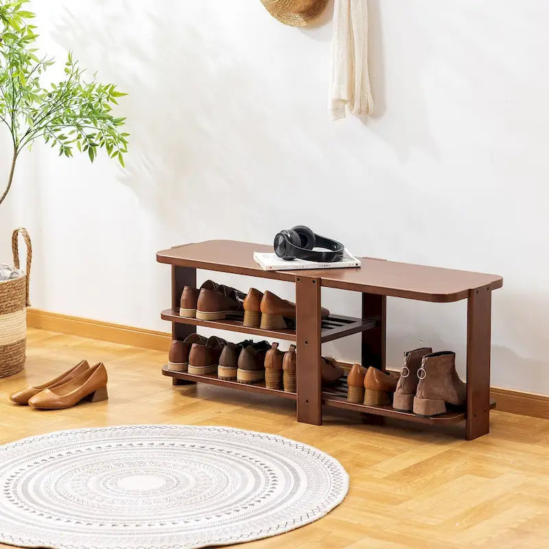 Shoe Rack Bench, 2-Tier Bamboo Shoe Storage Organizer, Entryway Bench