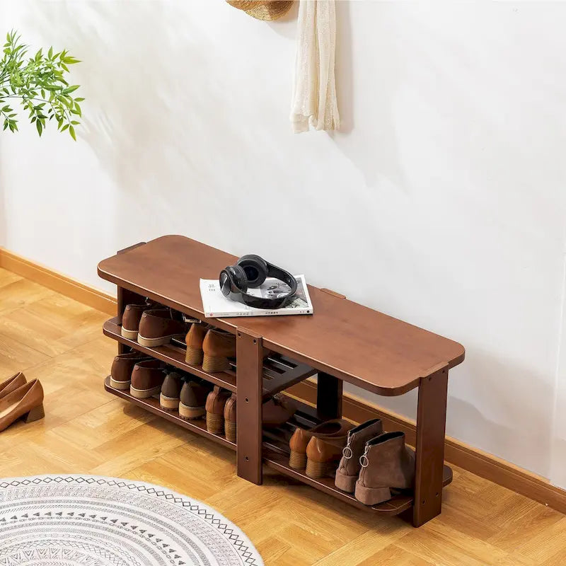 Shoe Rack Bench, 2-Tier Bamboo Shoe Storage Organizer, Entryway Bench