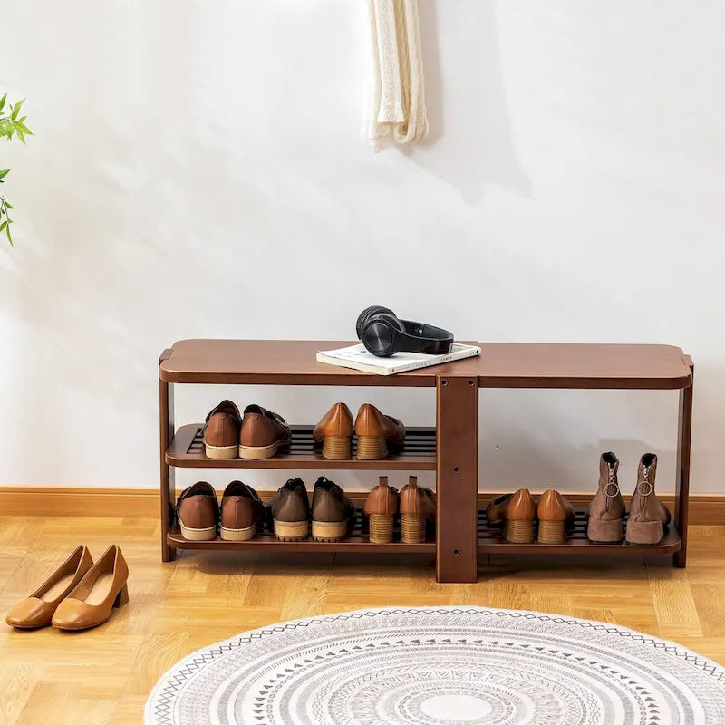 Shoe Rack Bench, 2-Tier Bamboo Shoe Storage Organizer, Entryway Bench