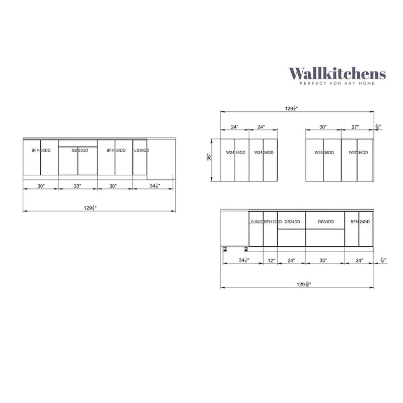 Modern Kitchen Cabinet White Matte Finish, 11Ft Wide Base Size 130x130