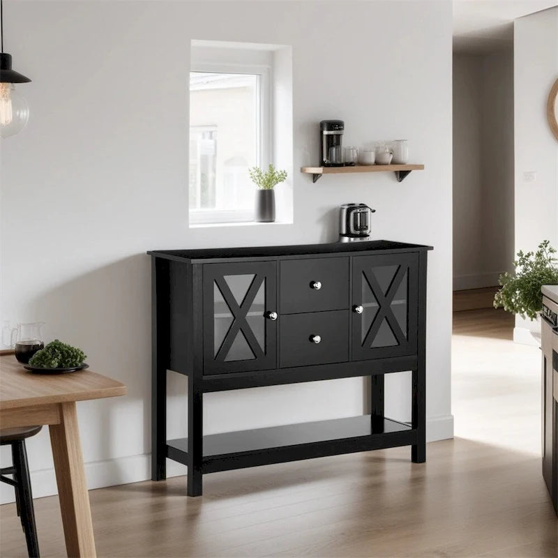 Wood Buffet Cabinet with Storage Drawers and Glass Door - N/A