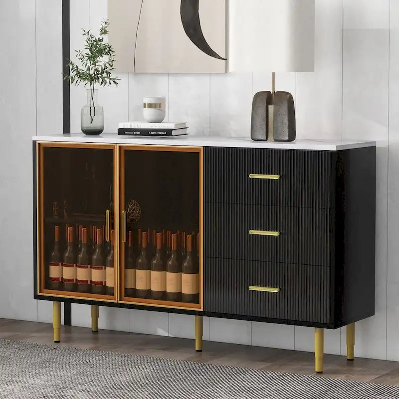 Modern Sideboard Buffet Cabinet with Glass Doors, 3 Drawers & Gold Metal Legs, 60x16x36"