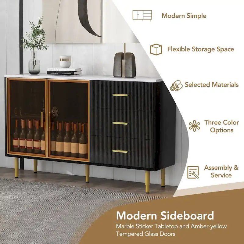 Modern Sideboard Buffet Cabinet with Glass Doors, 3 Drawers & Gold Metal Legs, 60x16x36"