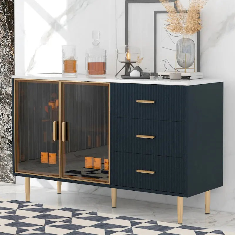 Modern Sideboard Buffet Cabinet with Glass Doors, 3 Drawers & Gold Metal Legs, 60x16x36"
