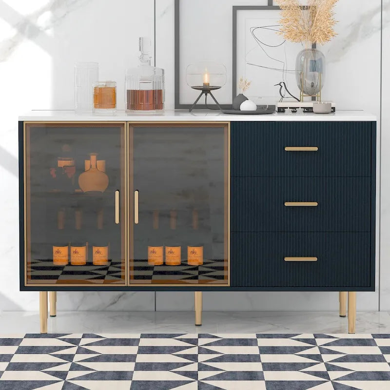 Modern Sideboard Buffet Cabinet with Glass Doors, 3 Drawers & Gold Metal Legs, 60x16x36"