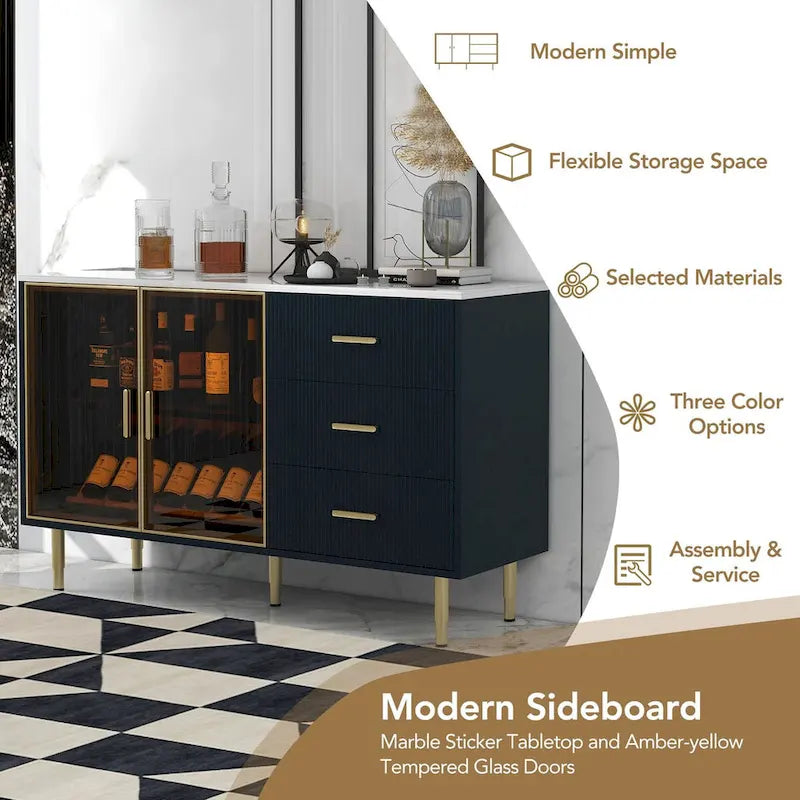 Modern Sideboard Buffet Cabinet with Glass Doors, 3 Drawers & Gold Metal Legs, 60x16x36"
