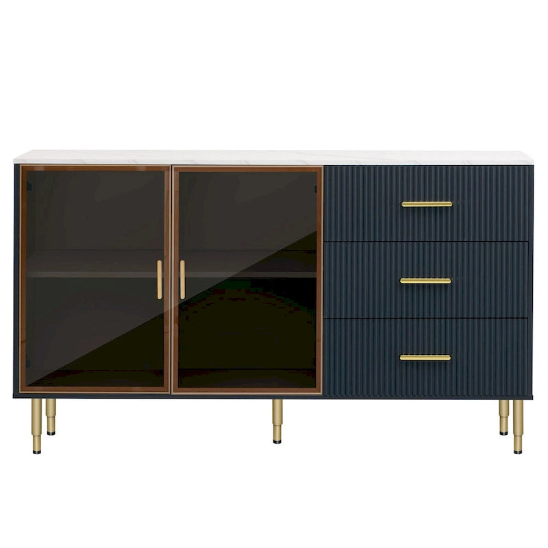 Modern Sideboard Buffet Cabinet with Glass Doors, 3 Drawers & Gold Metal Legs, 60x16x36"