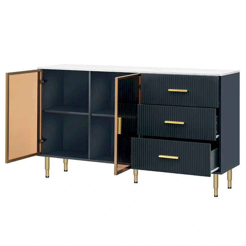 Modern Sideboard Buffet Cabinet with Glass Doors, 3 Drawers & Gold Metal Legs, 60x16x36"