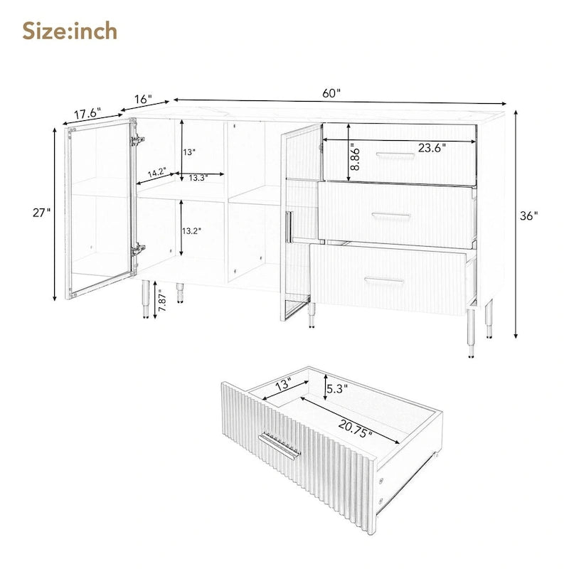 Modern Sideboard Buffet Cabinet with Glass Doors, 3 Drawers & Gold Metal Legs, 60x16x36"