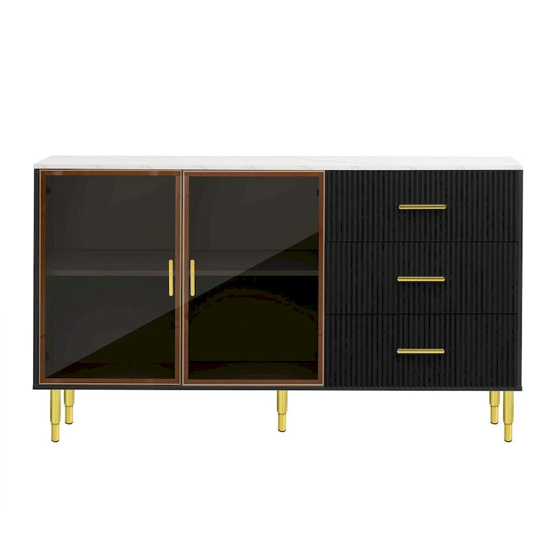 Modern Sideboard Buffet Cabinet with Glass Doors, 3 Drawers & Gold Metal Legs, 60x16x36"