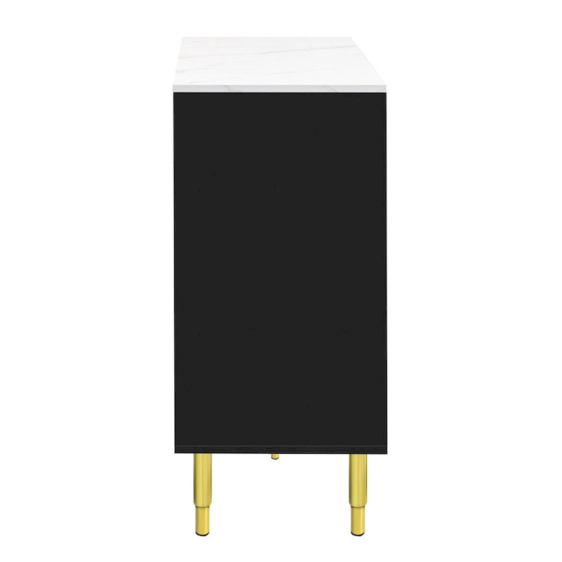 Modern Sideboard Buffet Cabinet with Glass Doors, 3 Drawers & Gold Metal Legs, 60x16x36"