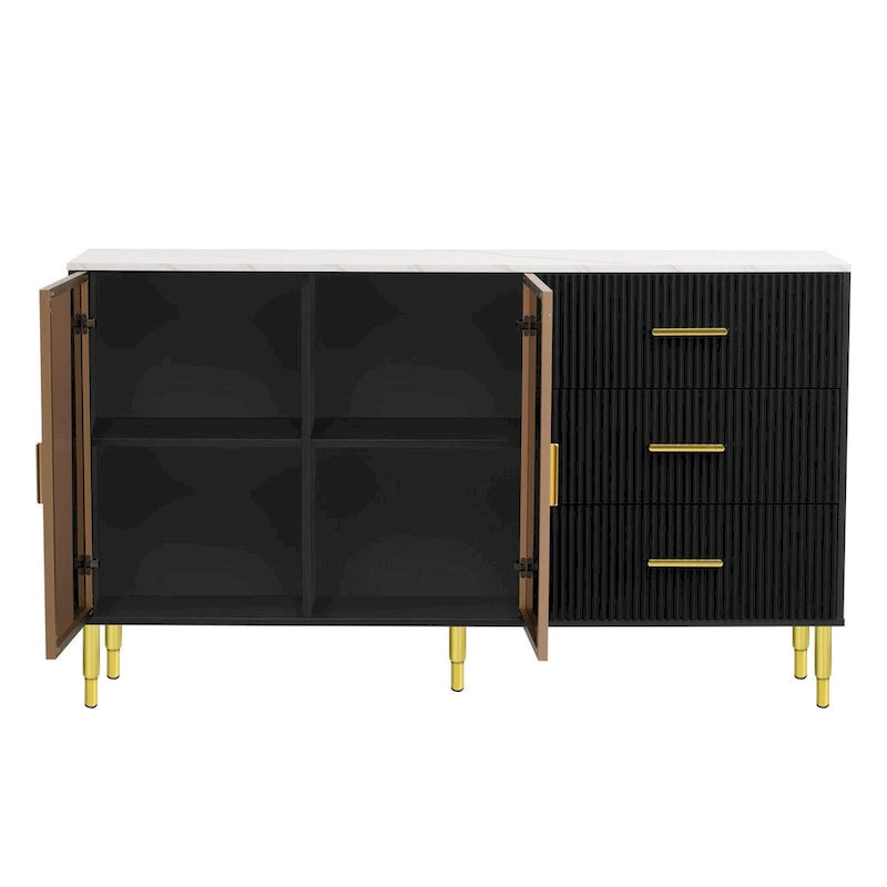 Modern Sideboard Buffet Cabinet with Glass Doors, 3 Drawers & Gold Metal Legs, 60x16x36"