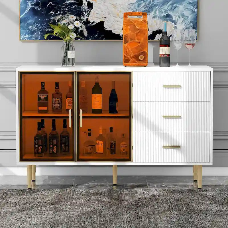 Modern Sideboard Buffet Cabinet with Glass Doors, 3 Drawers & Gold Metal Legs, 60x16x36"