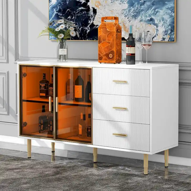 Modern Sideboard Buffet Cabinet with Glass Doors, 3 Drawers & Gold Metal Legs, 60x16x36"