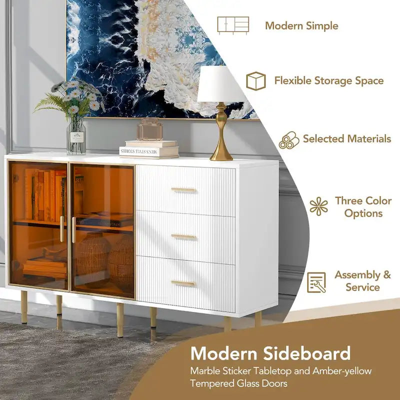 Modern Sideboard Buffet Cabinet with Glass Doors, 3 Drawers & Gold Metal Legs, 60x16x36"