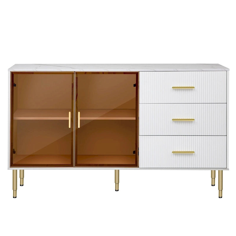 Modern Sideboard Buffet Cabinet with Glass Doors, 3 Drawers & Gold Metal Legs, 60x16x36"