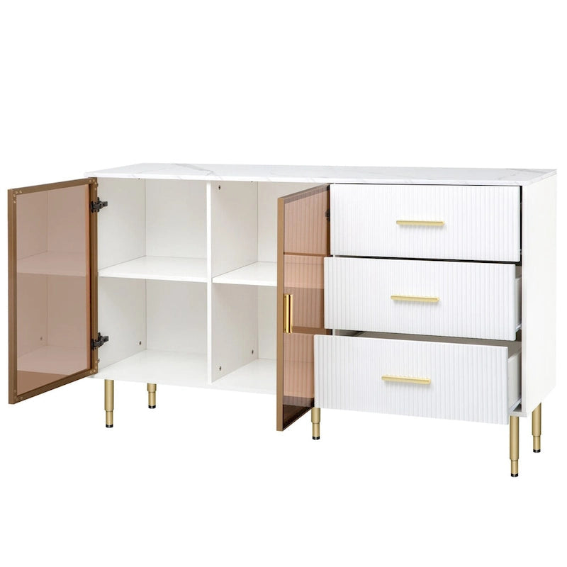 Modern Sideboard Buffet Cabinet with Glass Doors, 3 Drawers & Gold Metal Legs, 60x16x36"