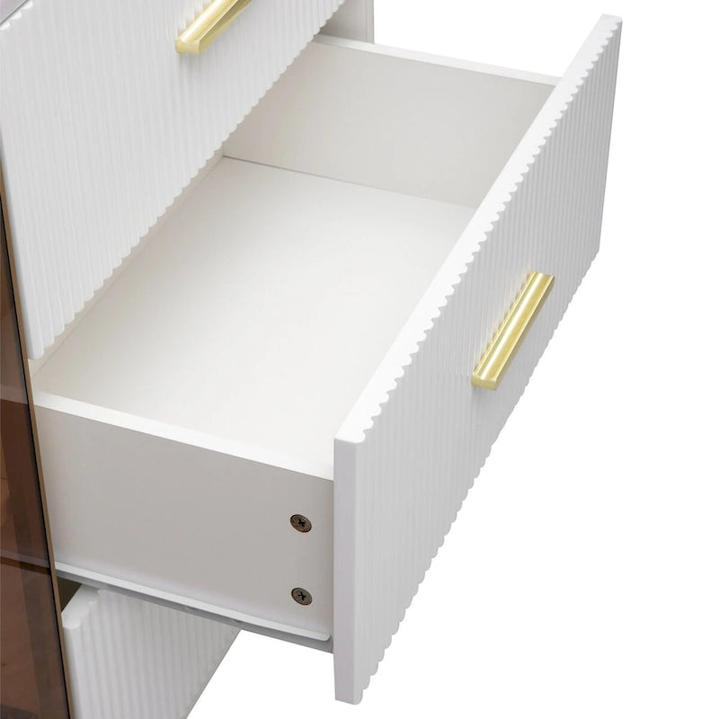 Modern Sideboard Buffet Cabinet with Glass Doors, 3 Drawers & Gold Metal Legs, 60x16x36"