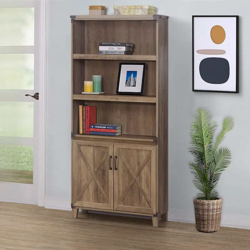 Farmhouse 2-Door Bookcase with 3 Open Shelves, X-Cross Trim, Rustic Oak, 12x30.7x67.4"