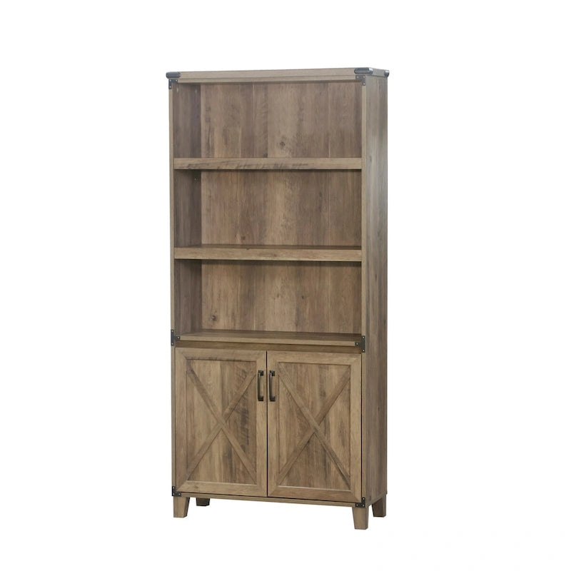 Farmhouse 2-Door Bookcase with 3 Open Shelves, X-Cross Trim, Rustic Oak, 12x30.7x67.4"